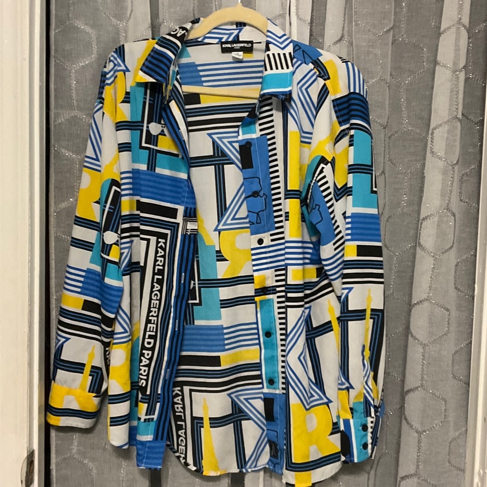 Karl Lagerfeld Geometric Button-Down Shirt in Blue, Yellow & White